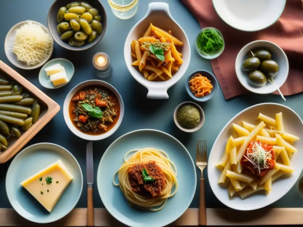 Una mesa italiana rústica llena de platos y fermentados, destacando el maridaje platos italianos fermentados en una atmósfera cálida y acogedora