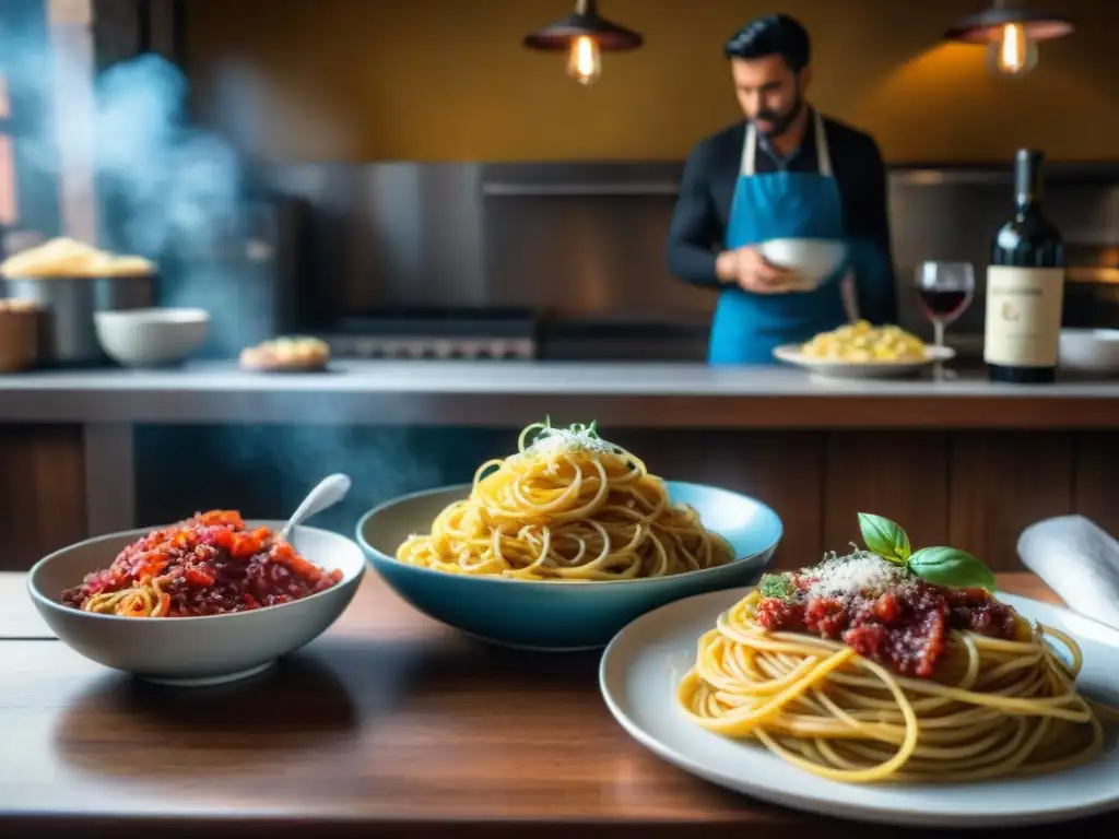 Una mesa italiana rústica con platos de spaghetti alla carbonara y vino tinto, en una trattoria animada