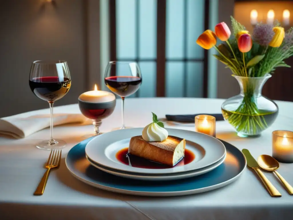 Una mesa italiana elegantemente servida con vajilla fina, cristalería, cubiertos de plata, flores frescas y delicias culinarias