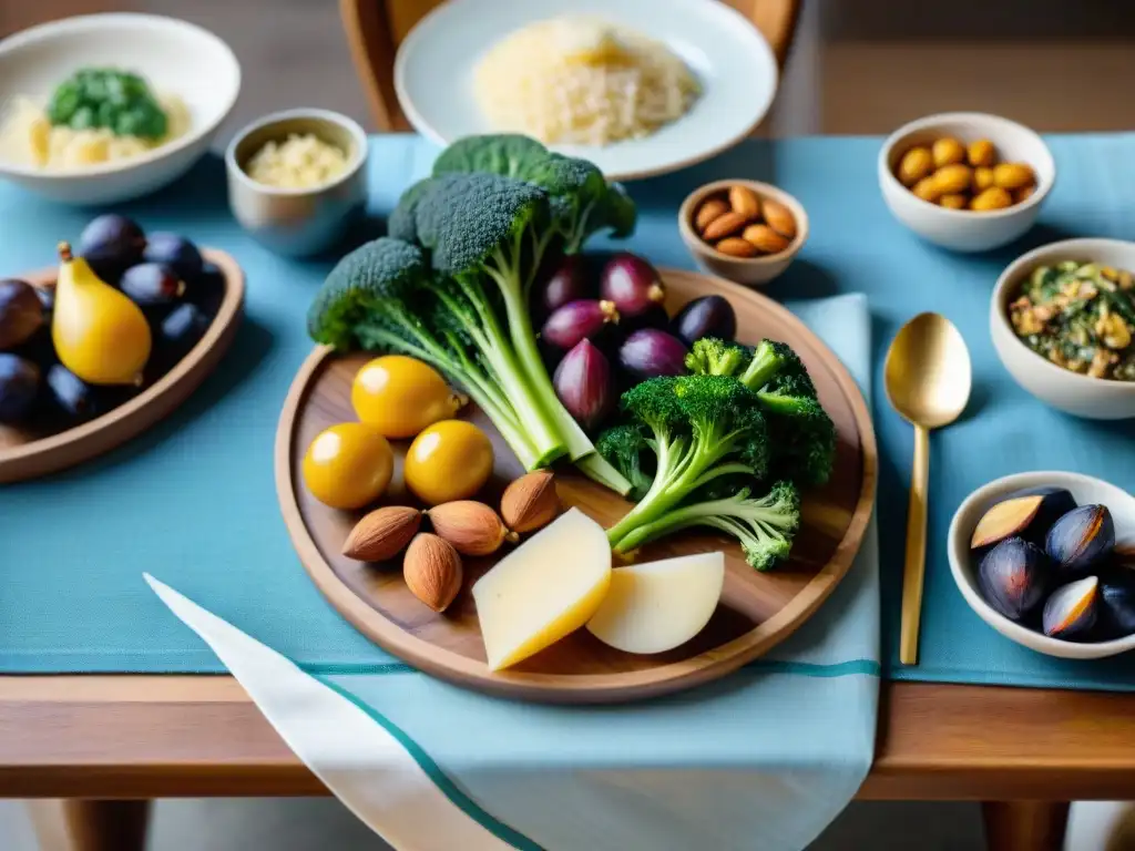 Una mesa italiana tradicional llena de alimentos mediterráneos ricos en calcio, resaltando la diversidad y la vibrante dieta italiana