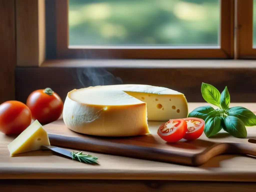 Una mesa italiana tradicional con quesos Provolone Valpadana en distintas etapas de maduración y ingredientes frescos para recetas tradicionales