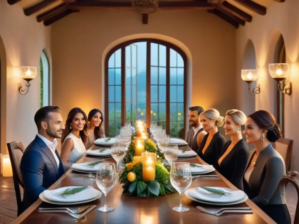 Una mesa larga exquisitamente decorada con vajilla italiana fina, copas de cristal y centros florales elaborados en una encantadora villa toscana