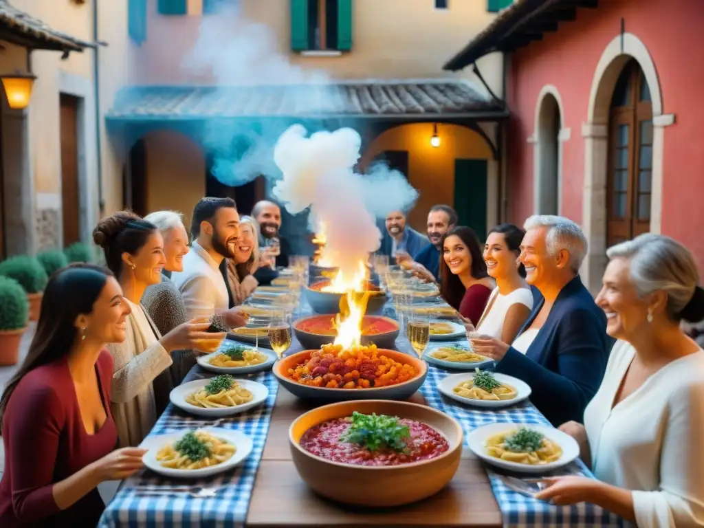 Una mesa larga de madera en un patio italiano, con manteles a cuadros, velas y platos de pasta casera