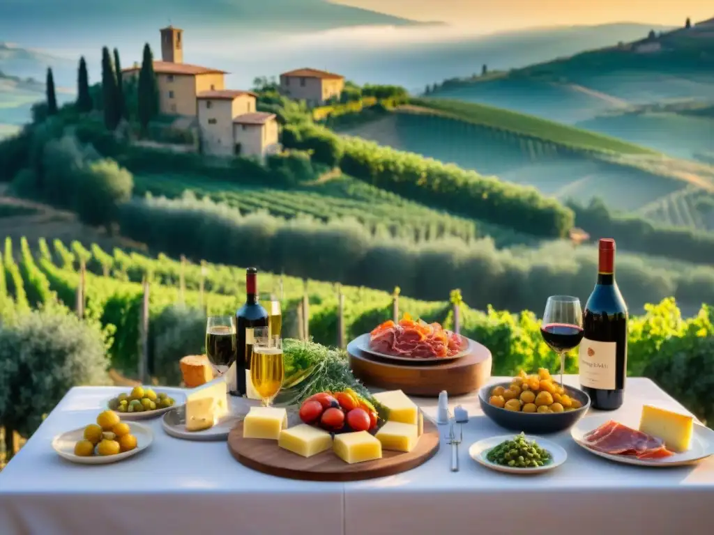 Una mesa larga rebosante de platos tradicionales de la gastronomía centroitaliana, rodeada de viñedos y olivares al atardecer