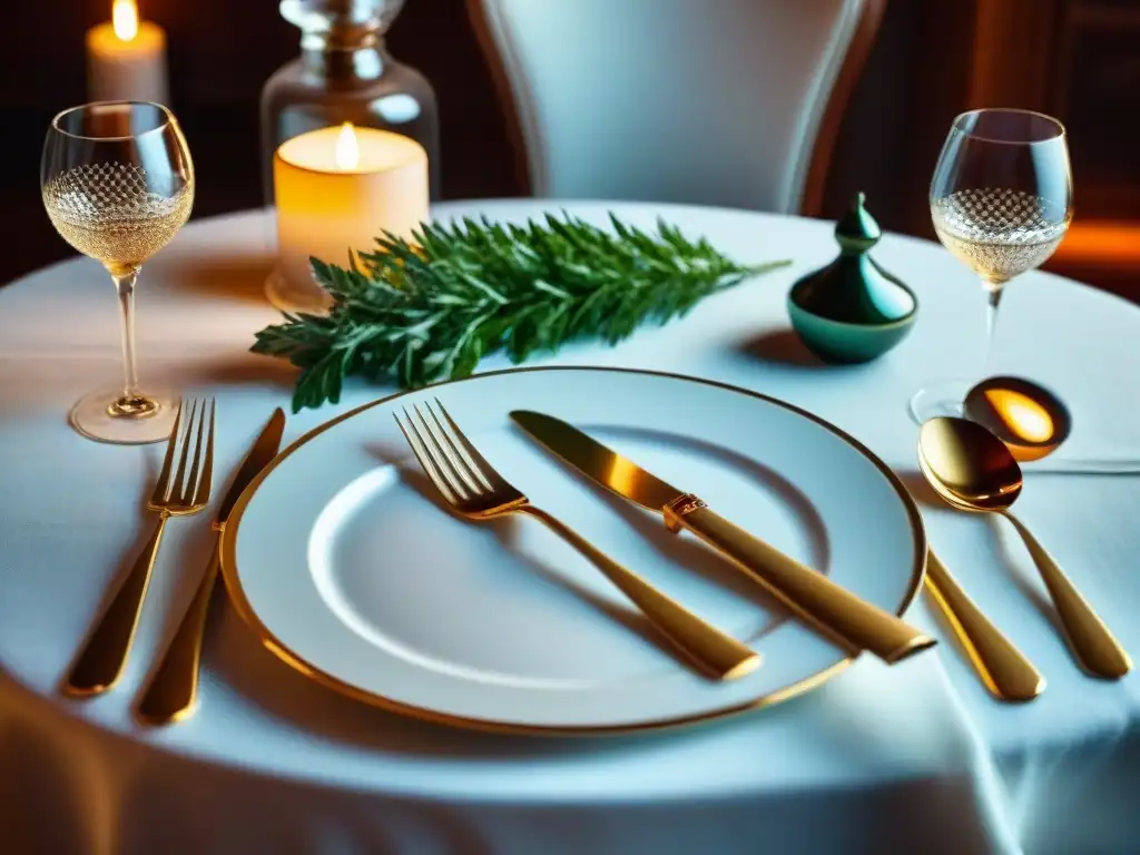 Una mesa de lujo con cuberterías italianas de lujo meticulosamente dispuestas en elegantes manteles blancos