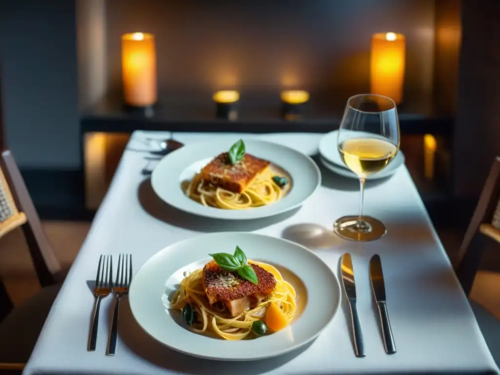 Una mesa lujosa en un restaurante italiano, con maridajes perfectos, creando una atmósfera cálida y elegante