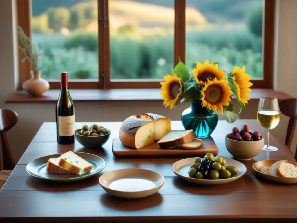 Una mesa de madera larga decorada con vajilla italiana tradicional, copas de vino, pan, quesos, aceitunas, embutidos y girasoles como centro