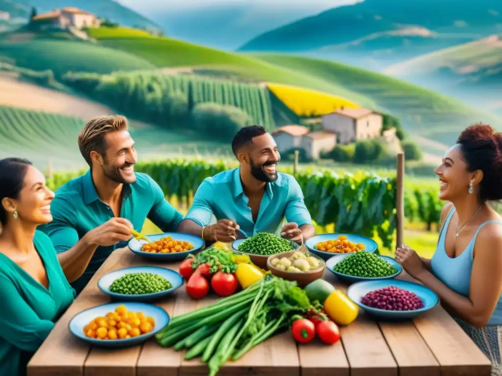 Una mesa de madera llena de comida y gente diversa riendo en la campiña italiana