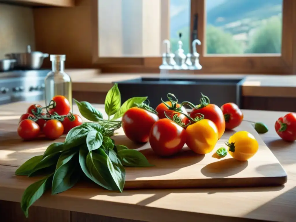 Una mesa de madera rústica en una cocina mediterránea tradicional, con tomates rojos, albahaca, pimientos, ajo y aceite de oliva