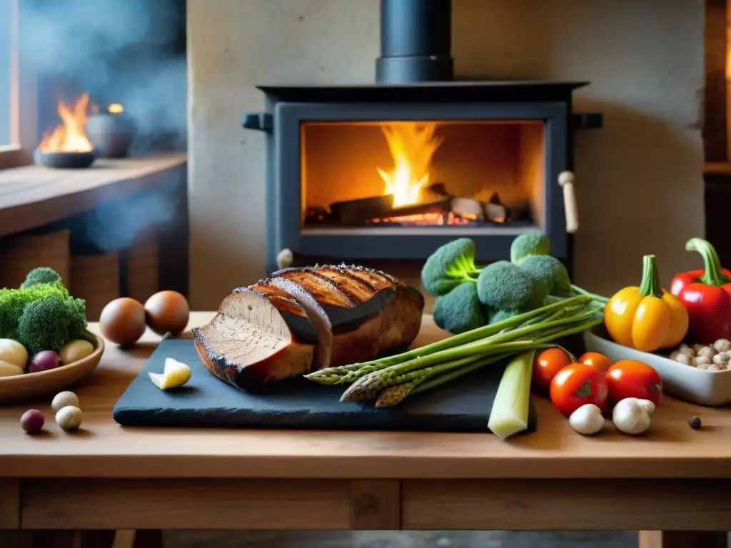 En una mesa de madera rústica, frente a un horno de leña, ingredientes frescos y carnes se preparan para cocción lenta