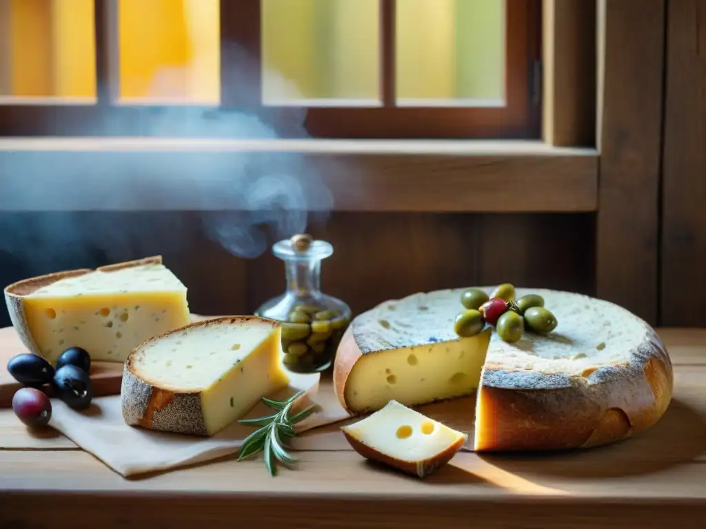 Una mesa de madera rústica llena de alimentos italianos fermentados tradicionales, destacando colores vibrantes y detalles intrincados