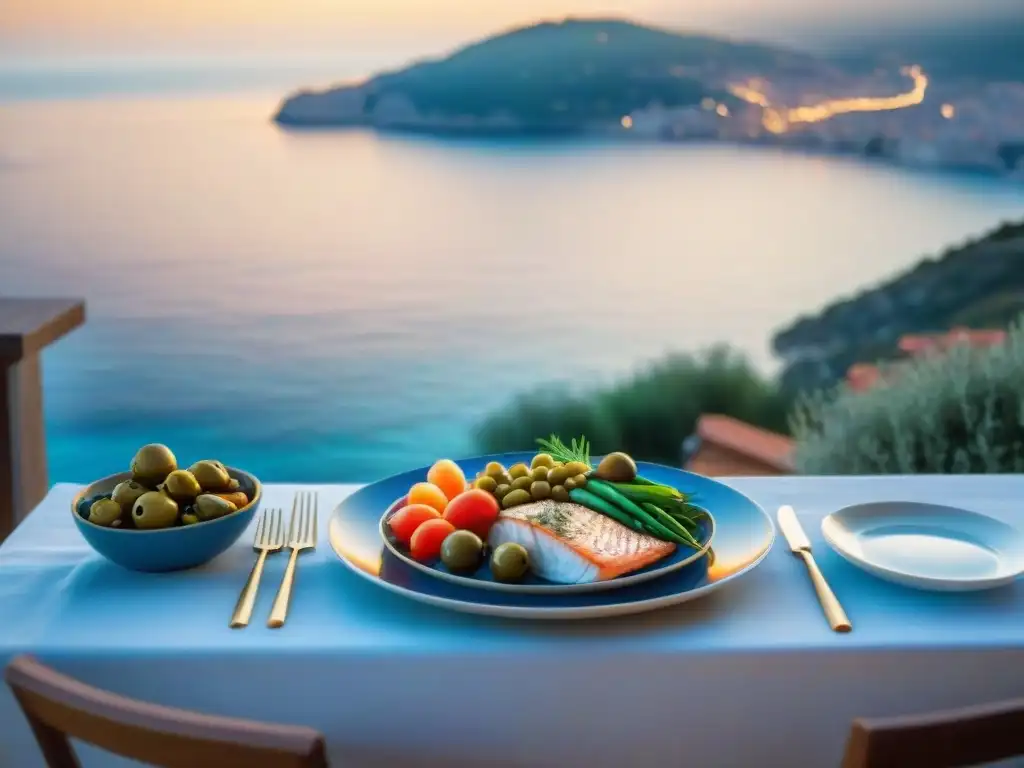 Una mesa mediterránea al atardecer frente al mar, con alimentos frescos y colores vibrantes