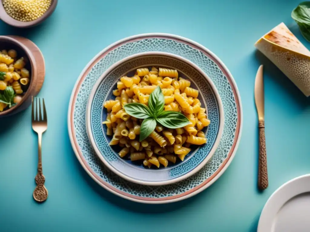 Una mesa de mosaico con influencia cocina italiana en árabe, fusionando colores y patrones vibrantes