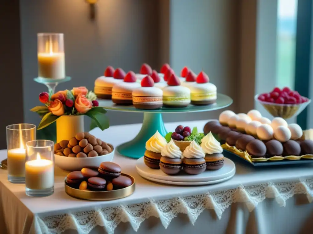 Una mesa de postres italiana en boda con tiramisú, cannoli y macarons