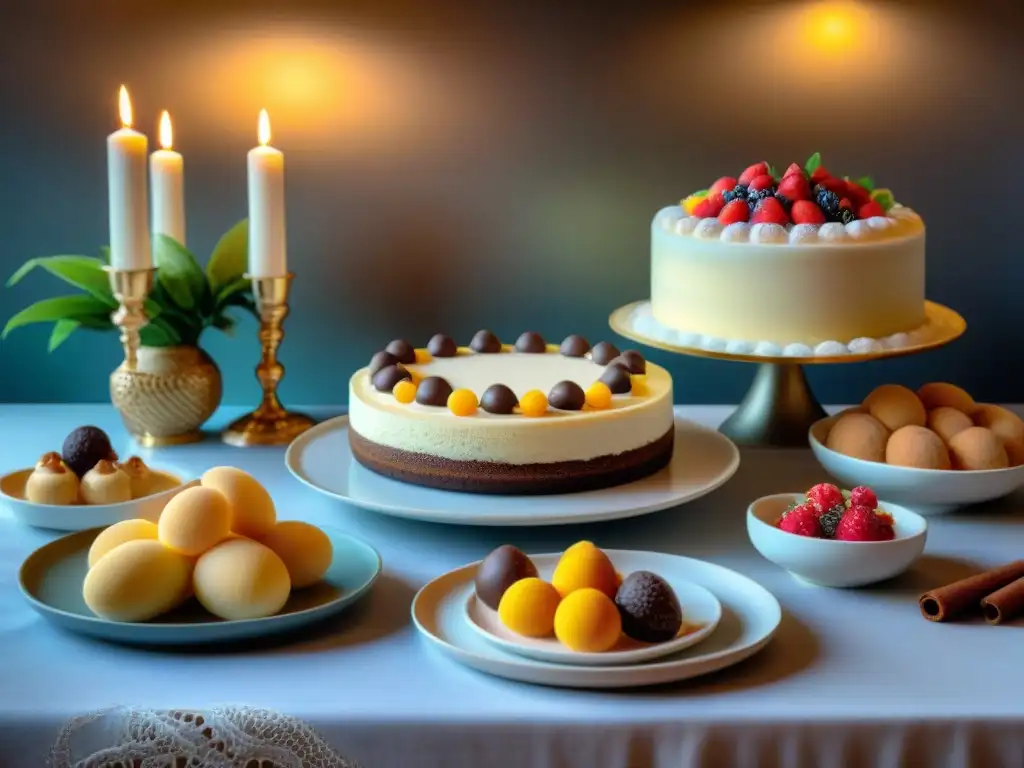 Una mesa de postres italianos para celebraciones con tiramisú, cannoli, panna cotta y biscotti coloridos, adornada con flores y velas