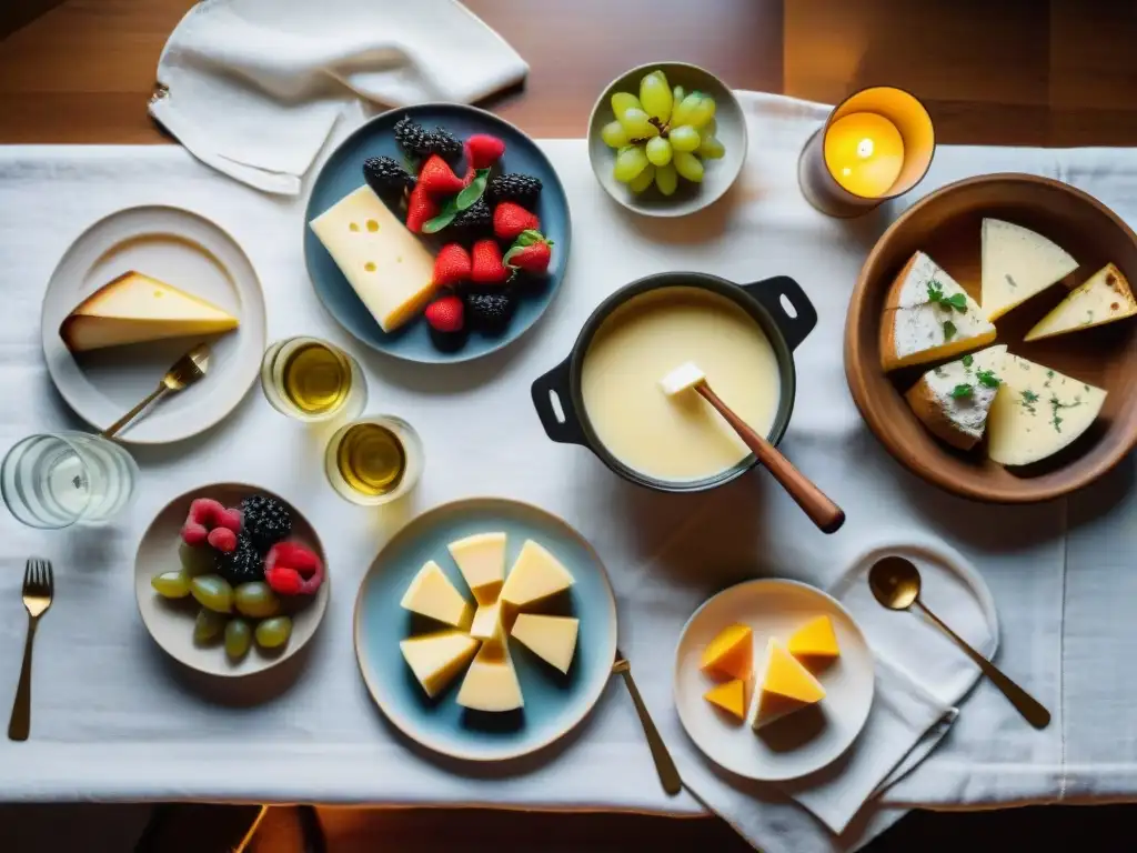 Una mesa bellamente preparada para una cena de fondue italiana de queso por la noche