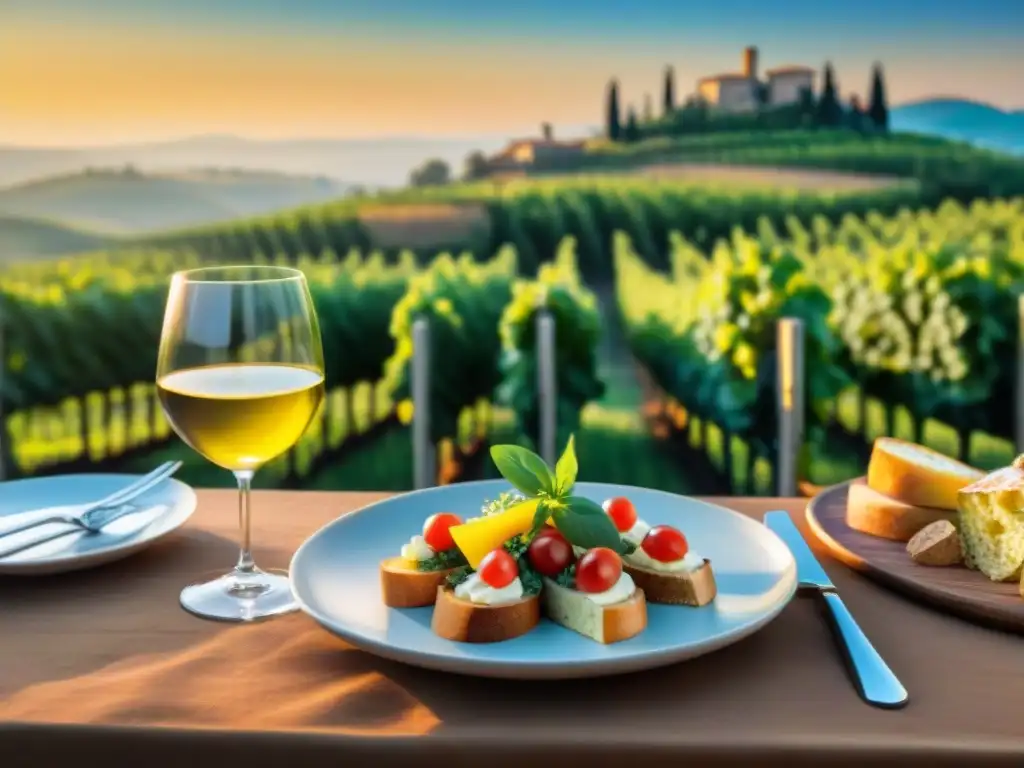 Una mesa perfectamente preparada en una viña en la Toscana, Italia, con degustación vinos italianos certificados y platos auténticos