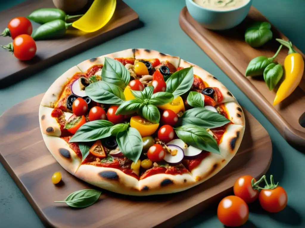 Una mesa repleta de Pizzas saludables estilo italiano, con ingredientes frescos y coloridos