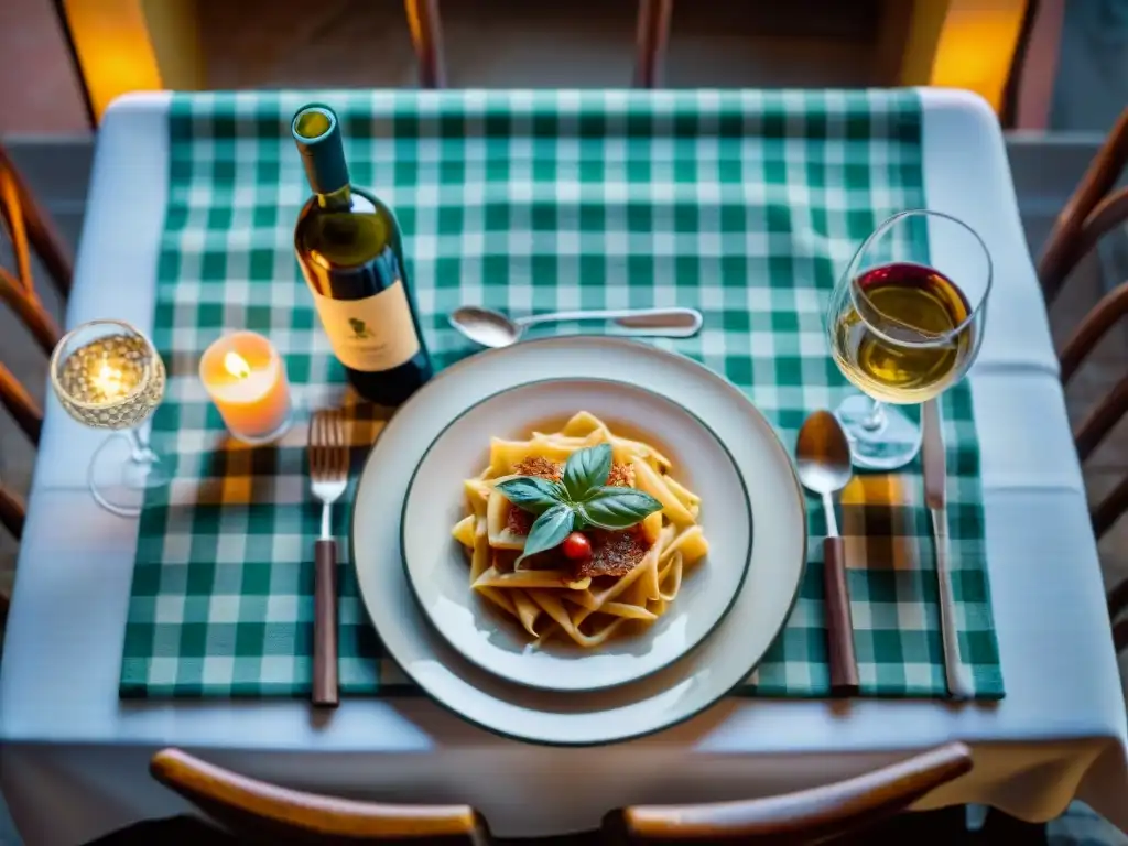 Una mesa romántica para dos en restaurante italiano: platos italianos románticos tradicionales