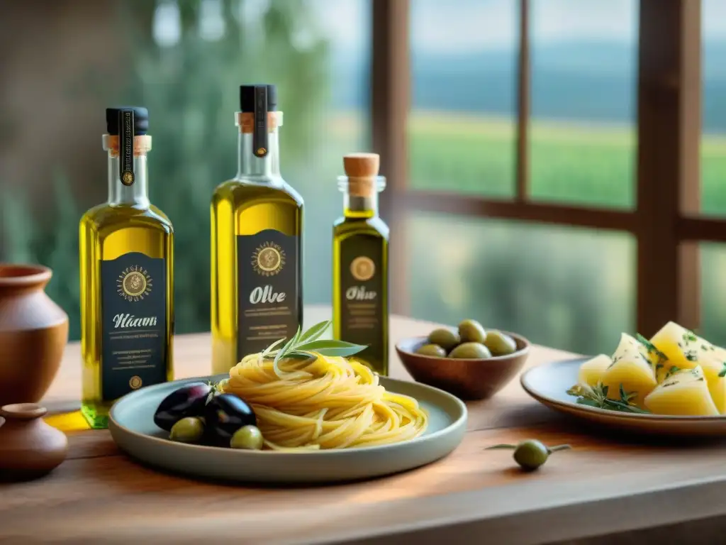 Una mesa rústica con aceites de oliva premium y platos italianos, evocando un maridaje perfecto