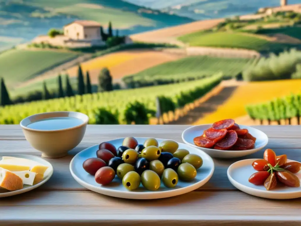 Una mesa rústica en un agroturismo italiano con antipasti coloridos y vista campestre al atardecer