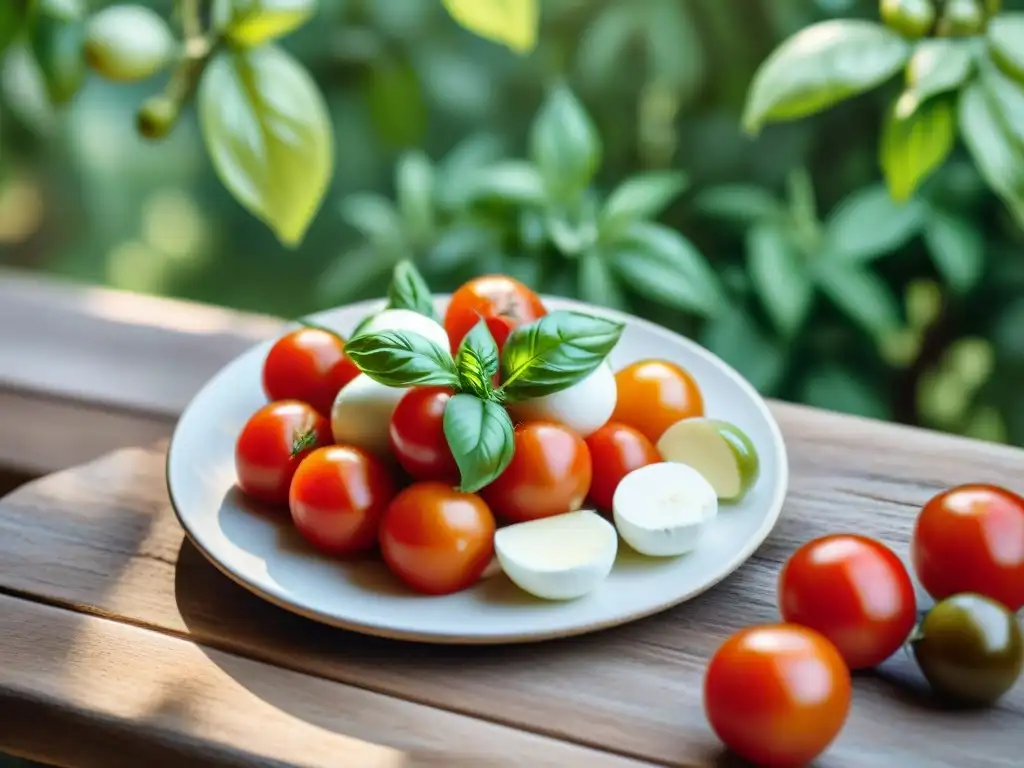 Una mesa rústica al aire libre bajo un olivo, con una receta auténtica ensalada caprese: tomate, mozzarella y albahaca fresca