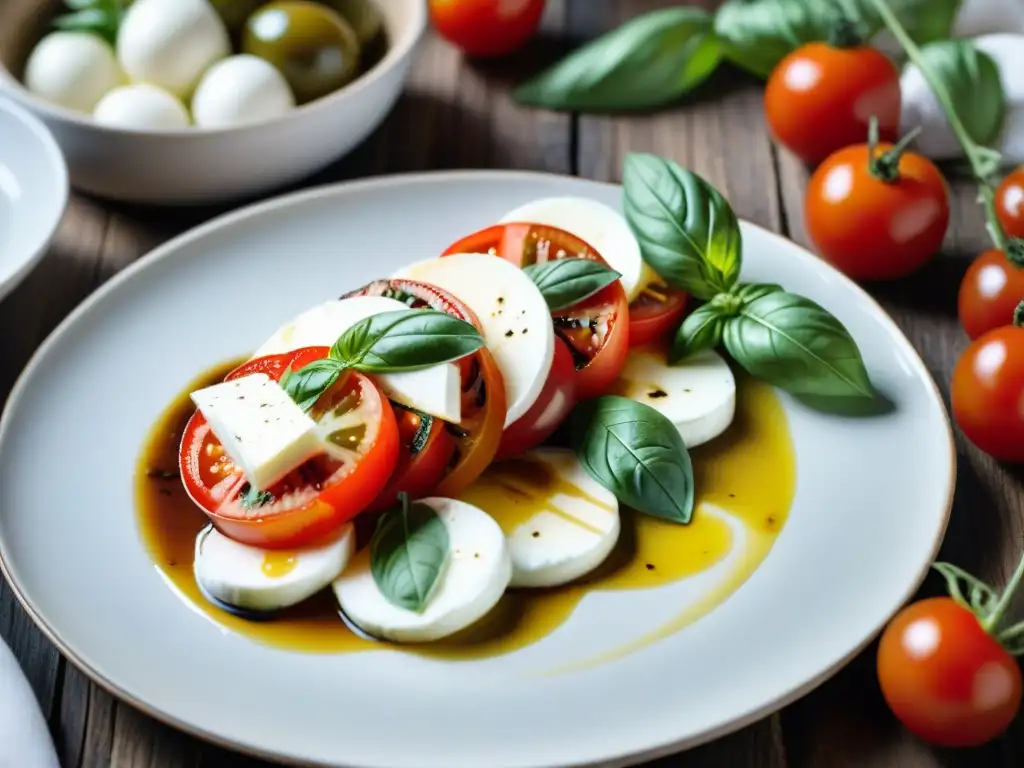 Una mesa rústica al aire libre con una ensalada Caprese tradicional: tomates rojos, mozzarella, albahaca, aceite de oliva y vinagre balsámico