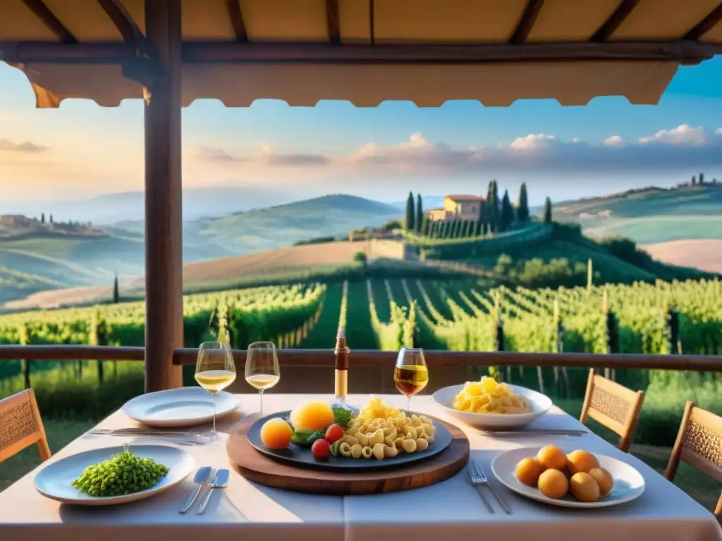 Una mesa rústica al aire libre en Toscana, Italia, con platos de pasta, antipasti y vino regional