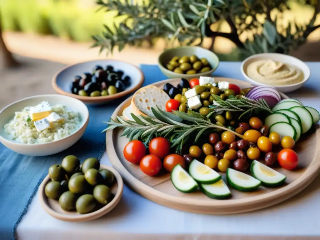 Una mesa rústica al aire libre bajo un olivo, con platos mediterráneos coloridos