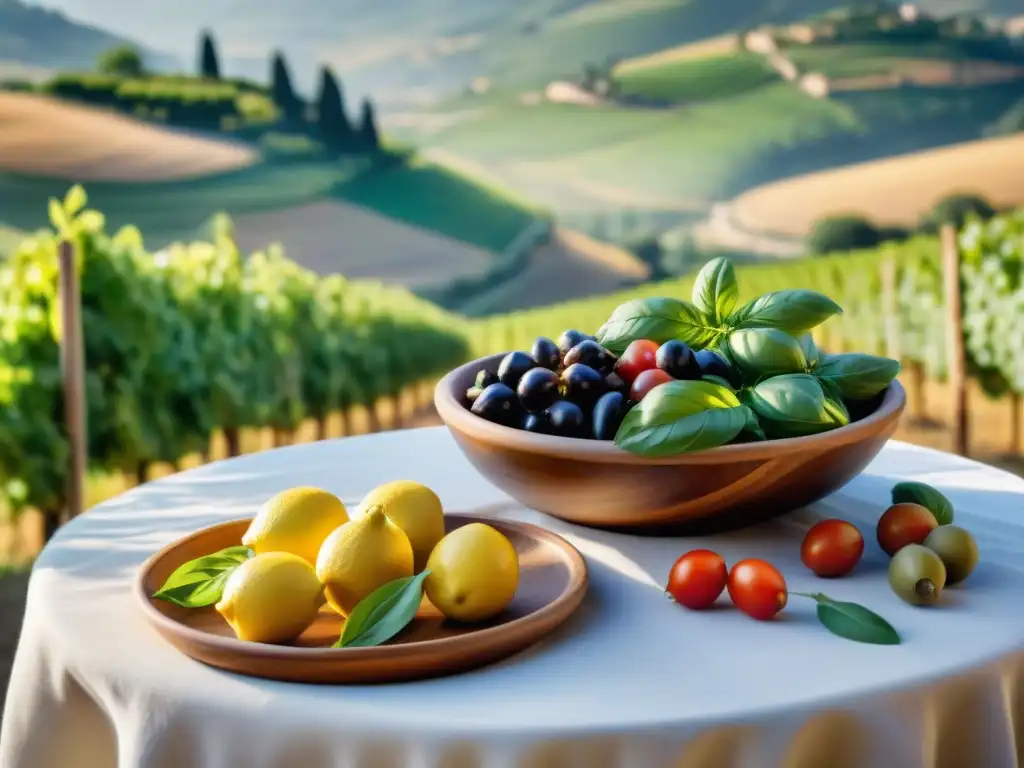 Una mesa rústica al aire libre en la campiña italiana con una colorida variedad de platos mediterráneos ricos en calcio