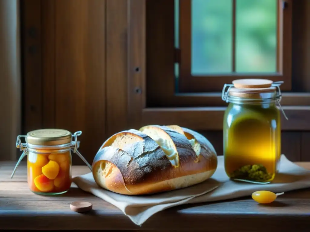 Una mesa rústica con alimentos fermentados italianos, iluminados por luz natural