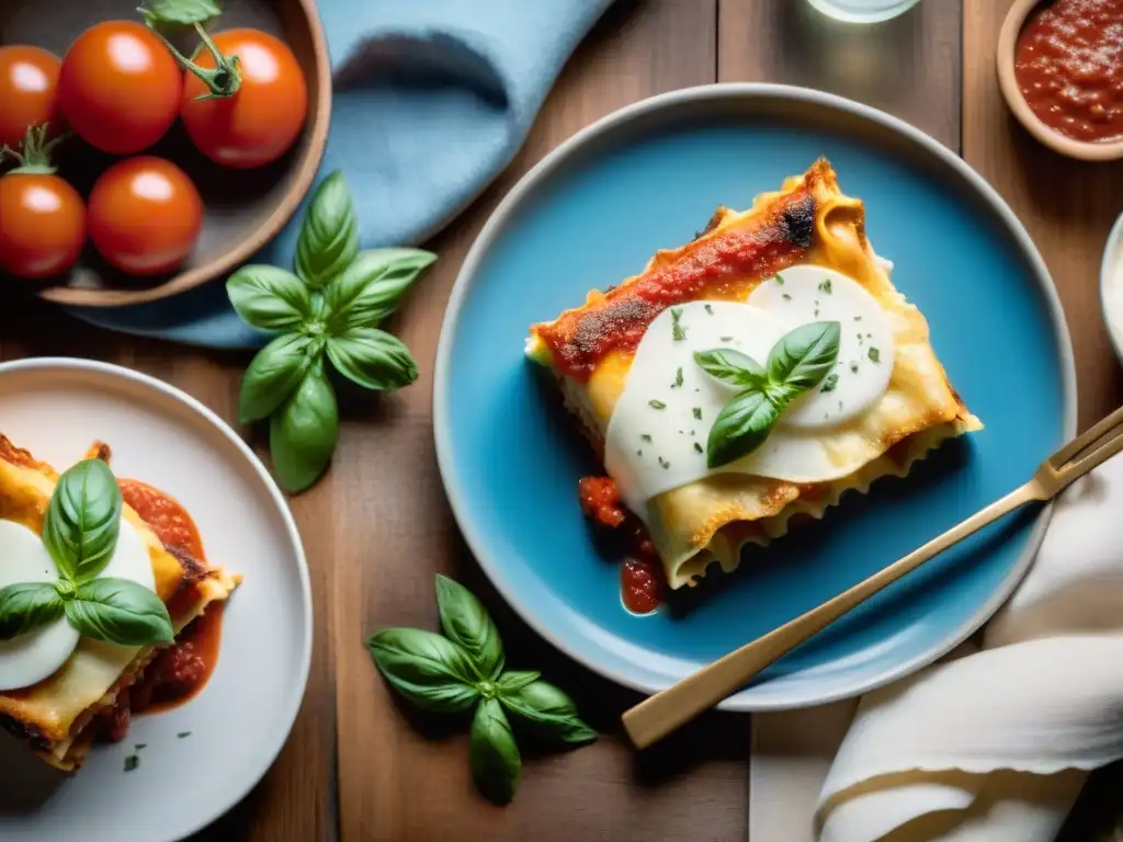 Una mesa rústica con una auténtica lasaña italiana dorada, rodeada de ingredientes frescos en una cocina cálida y acogedora