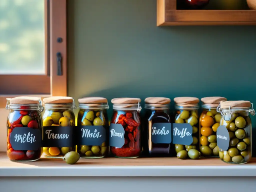 Una mesa rústica de cocina italiana llena de conservas caseras en tarros de cristal coloridos, iluminada por la luz natural