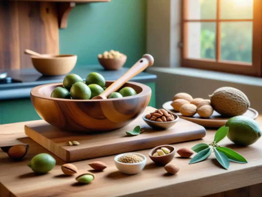 Mesada rústica con frutos secos y semillas en cocina italiana Una mesa rústica en una cocina italiana con frutos secos frescos y libros de recetas italianas