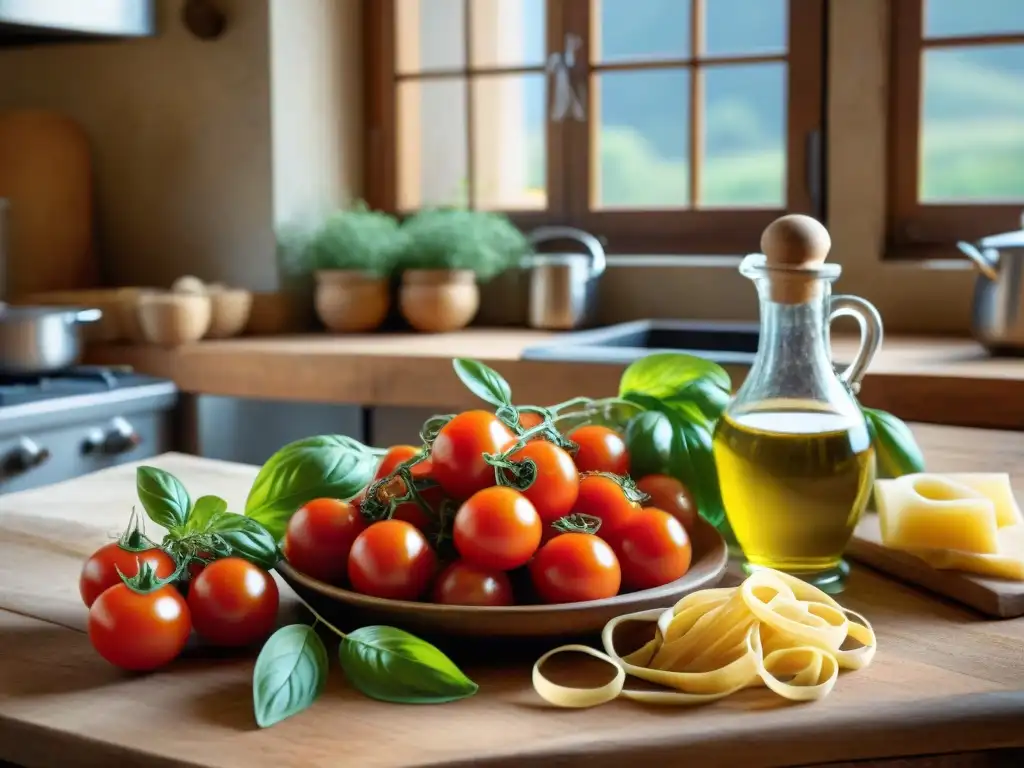 Una mesa rústica en una cocina italiana tradicional con ingredientes frescos, representando técnicas de cocina italiana tradicionales