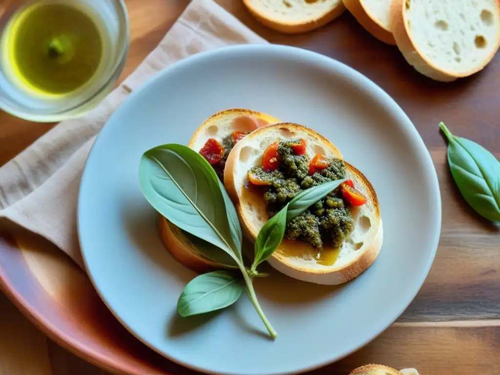 Una mesa rústica en una cocina toscana, con crostinis toscanos tradicionales en plato cerámico