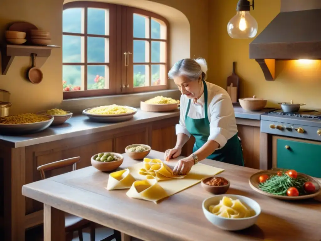 Mesa rustica en cocina tradicional italiana en Orvieto con platos típicos y una nonna haciendo pasta fresca