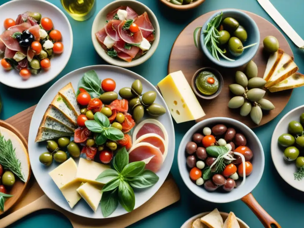 Una mesa rústica con antipasti coloridos de la cocina italiana en elegantes platos y boles, iluminados por luz natural