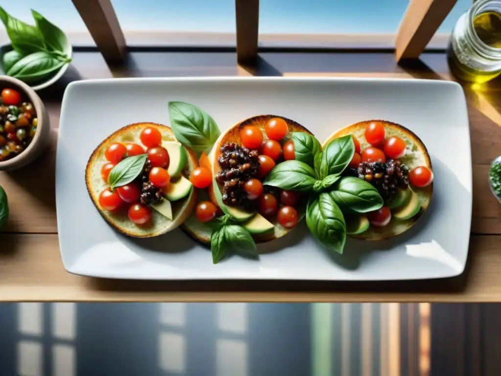 Una mesa rústica con coloridos toppings vegetarianos para bruschettas, evocando frescura y arte culinario