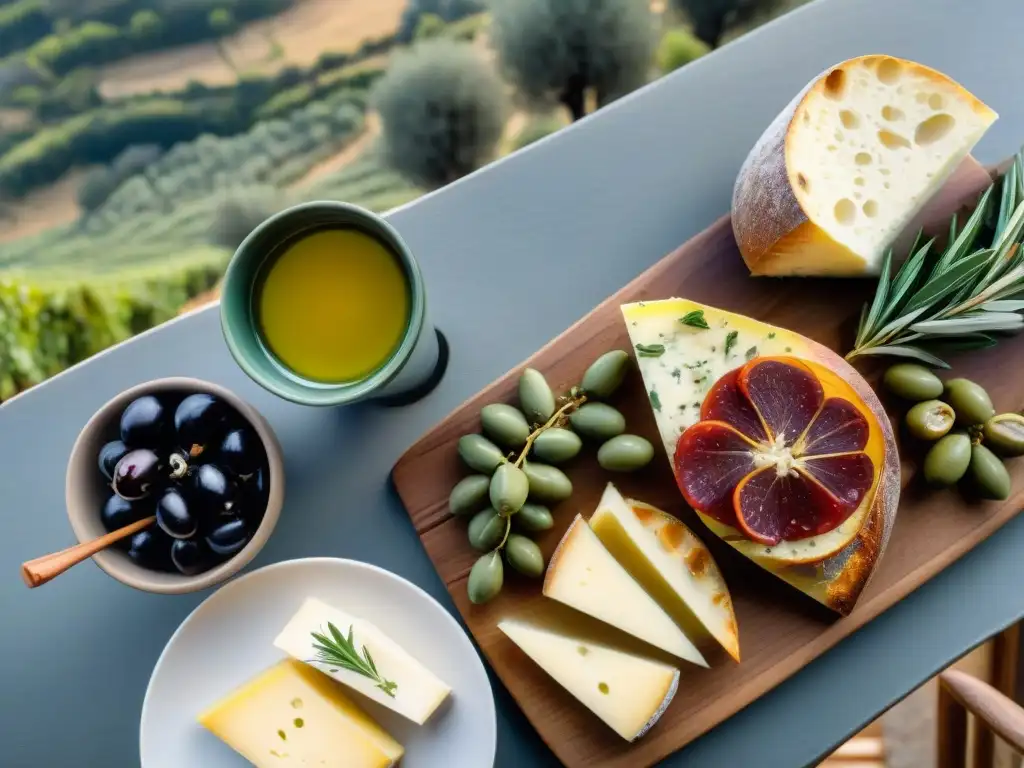 Una mesa rústica en Cerdeña con comida tradicional sarda y vino Cannonau, bajo el sol mediterráneo