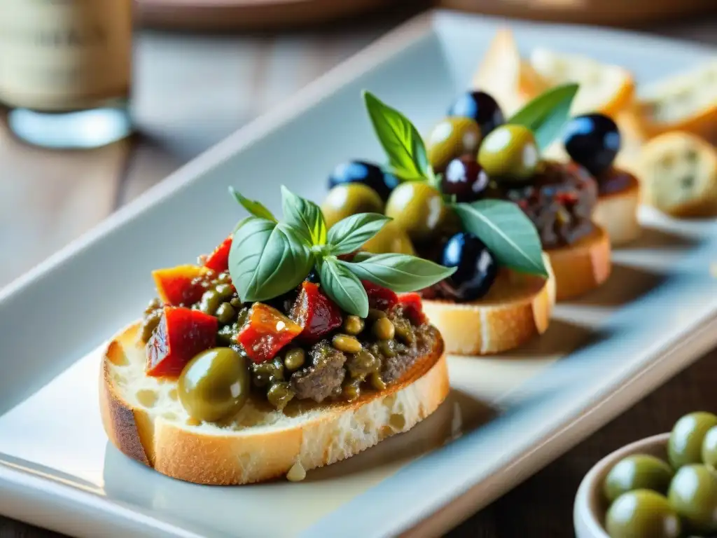 Una mesa rústica con crostinis toscanos tradicionales en platos de cerámica artesanal