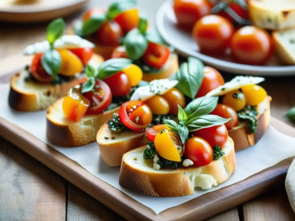 Una mesa rústica cubierta de bruschettas coloridas, con tomates maduros, albahaca fresca, mozzarella cremosa y aceite de oliva