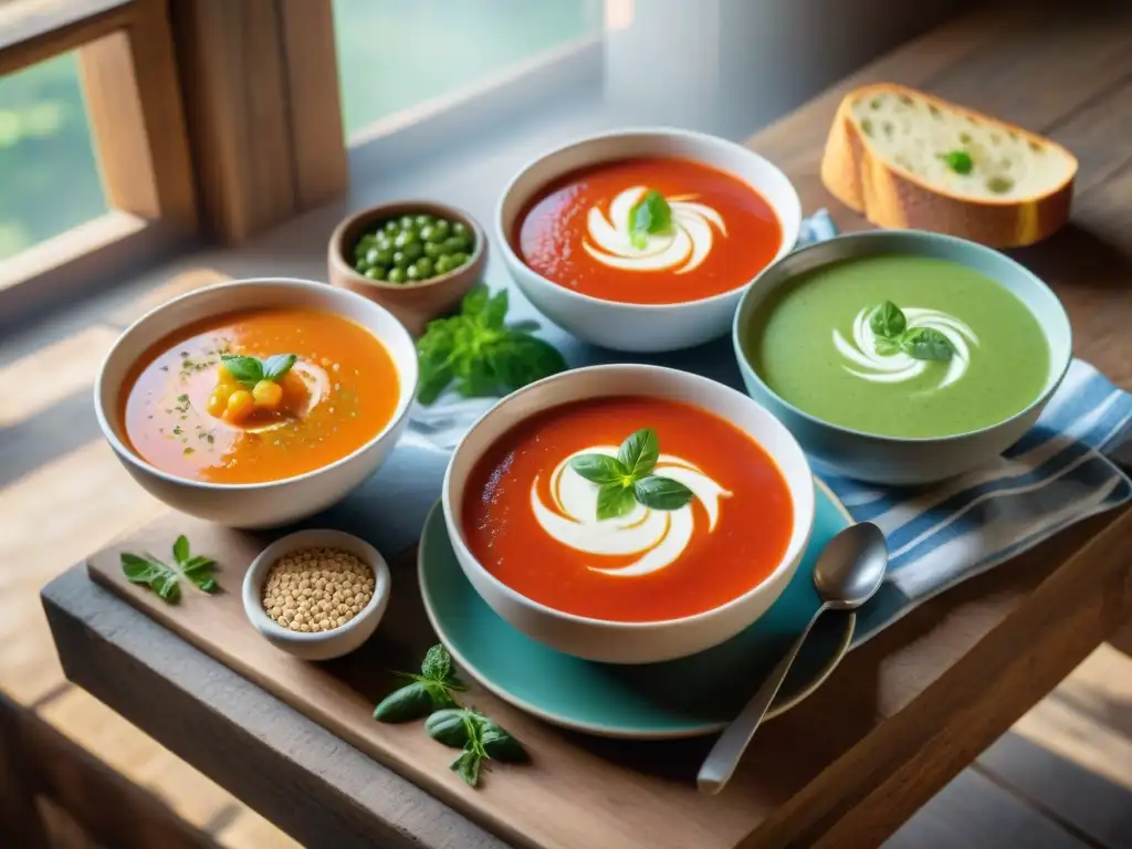 Una mesa rústica cubierta de sopas frías italianas recetas saludables, bañadas por la luz del sol