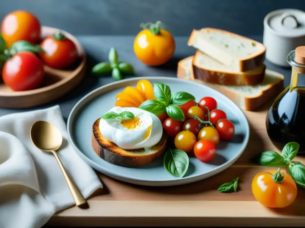 Una mesa rústica elegantemente decorada con una variedad de alimentos deliciosos para acompañar la Burrata auténtica