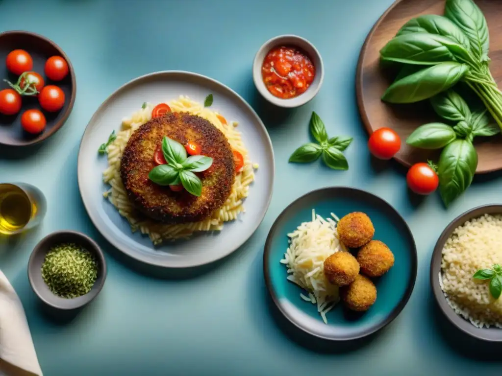 Una mesa rústica con deliciosas recetas italianas vegetarianas creativas, como berenjena Parmesana, risotto de champiñones y ensalada caprese