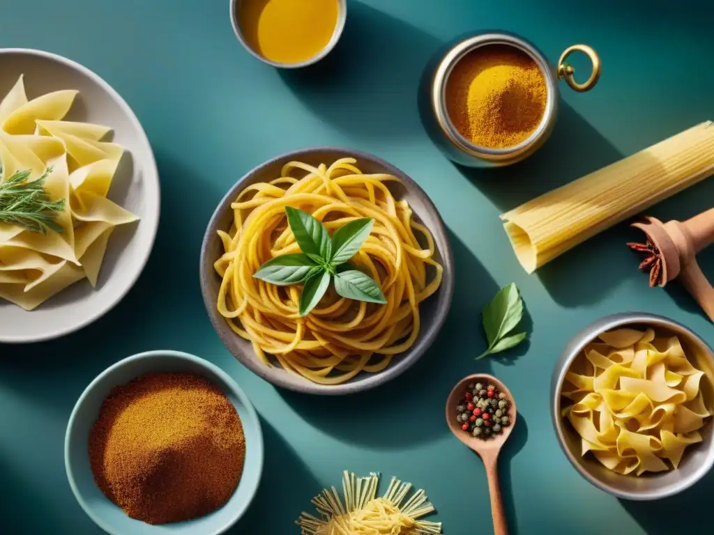 Una mesa rústica con especias coloridas en frascos, pasta recién hecha y manos alcanzando