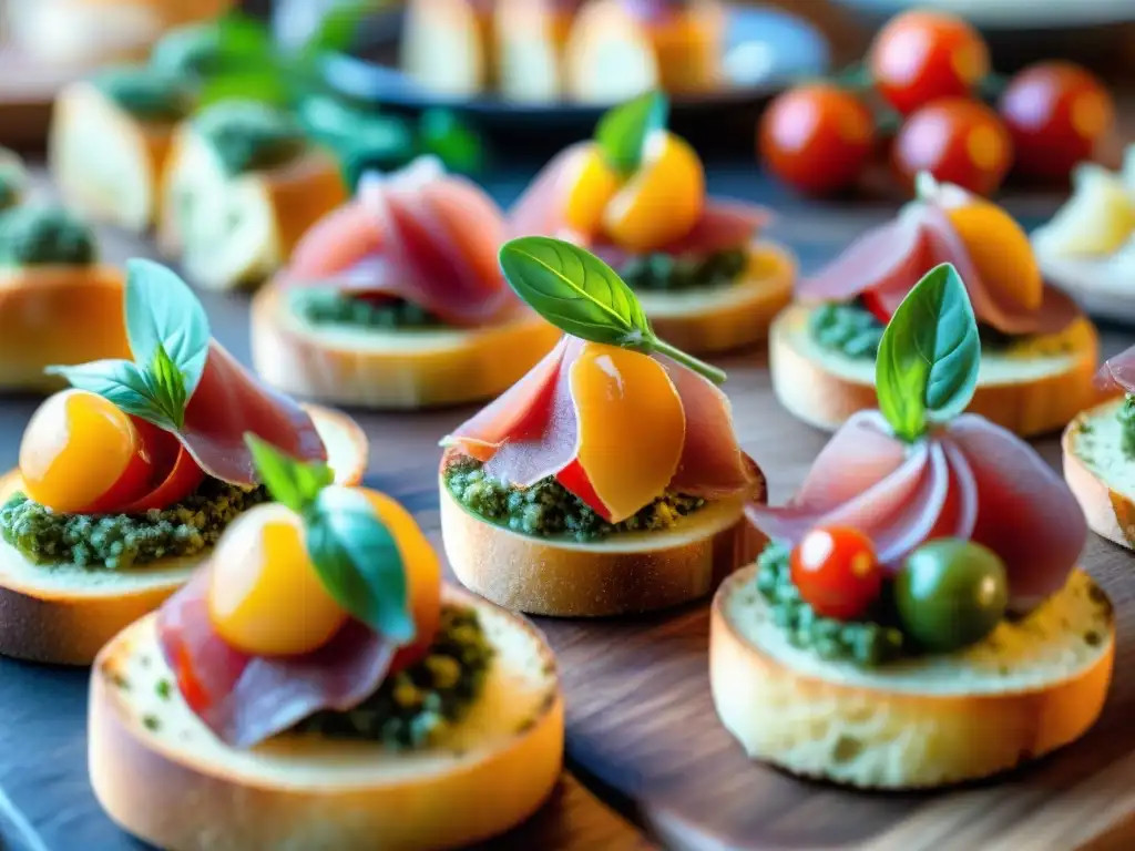 Una mesa rústica con exquisitos canapés italianos en un mercado bullicioso