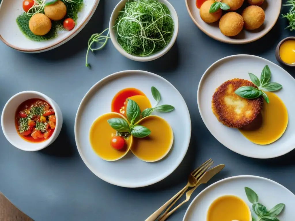 Una mesa rústica con impresionantes recetas de cocina italiana: Caprese, ravioli con trufa y arancini