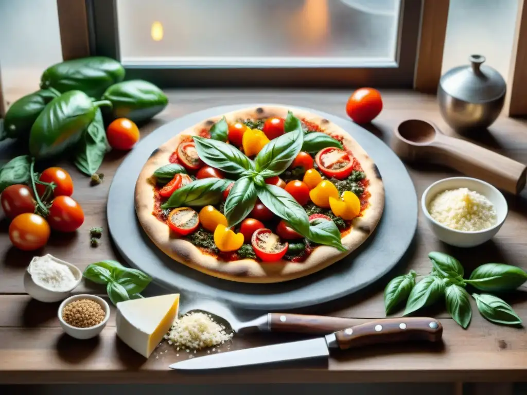 Una mesa rústica con ingredientes coloridos y veganos para pizzas, iluminados por luz natural