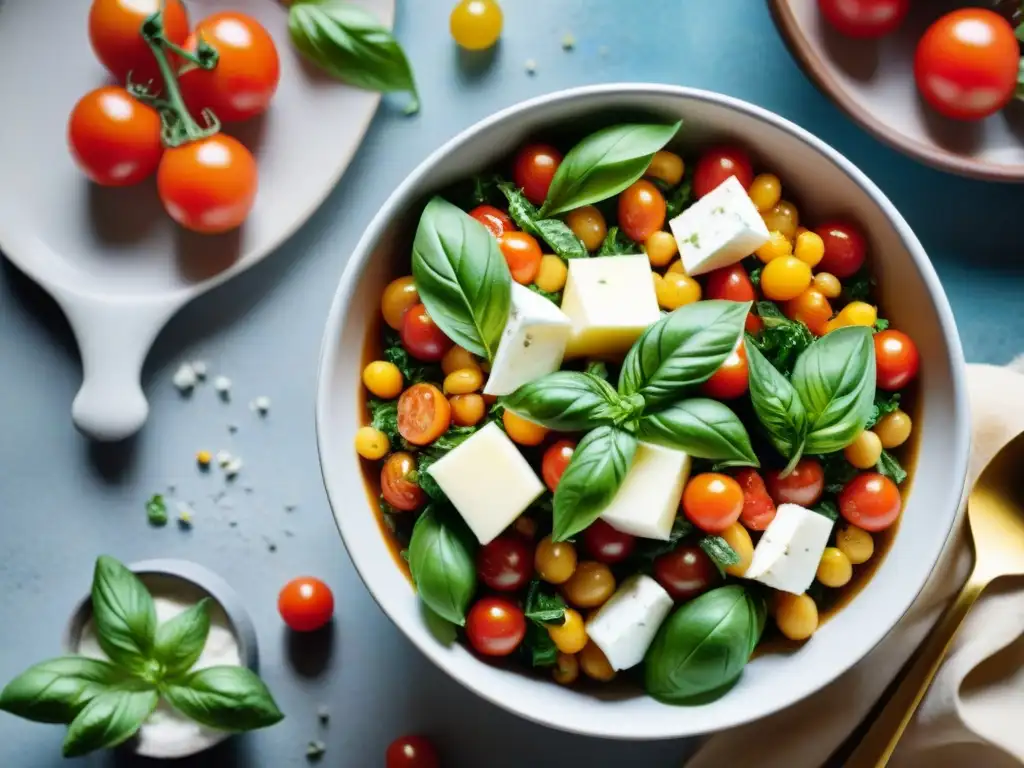 Una mesa rústica con ingredientes de ensalada italiana coloridos y frescos, bañados por la luz natural